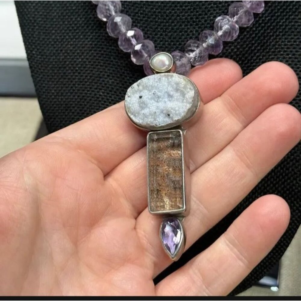 Echo of the Dreamer Necklace Faceted Amethyst Beads Druzy Quartz Pearl 18" - Picture 4 of 6
